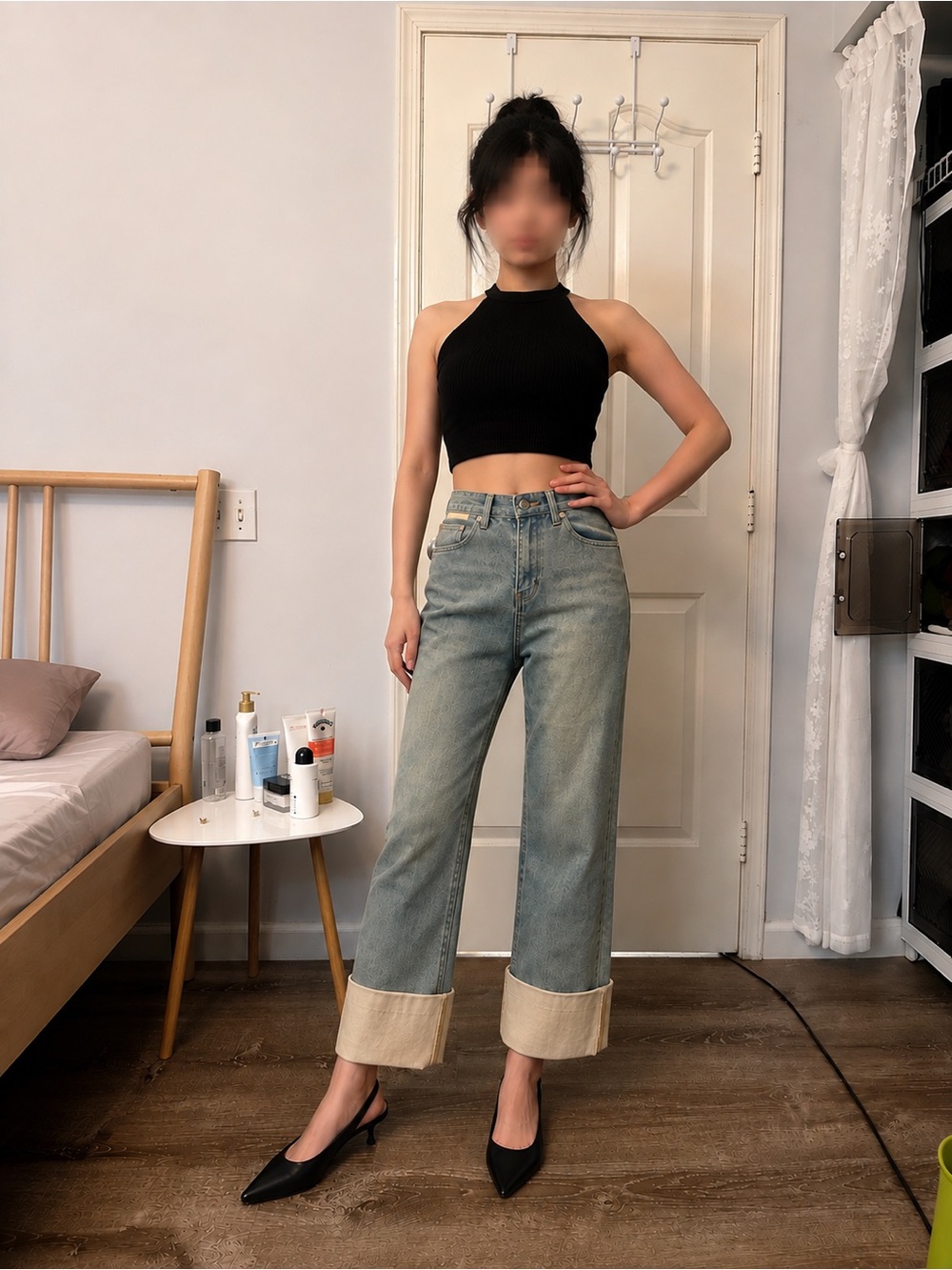 High-Rise Wide-Leg Cuffed Jeans - Light Blue